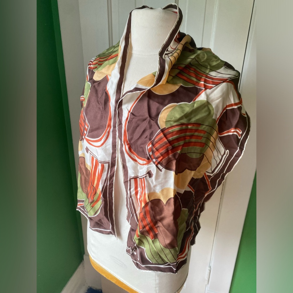 Vintage Retro Besco Floral Print Silk Scarf brown green